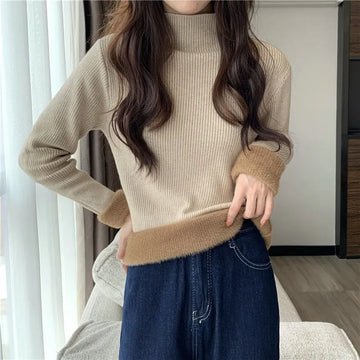Getadme-Autumn Winter Sweater Women Velvet Half Turtleneck Bottoming Solid Color Simple Soft Thermal Top Long-Sleeved Thickened T-Shirt